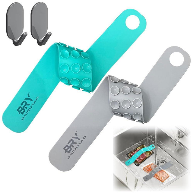 BAIRUYAO Thaw Belt for Frozen Meat, 2PCS Thaw Belt with 2 Wall Hooks，Silicone Sink Thawing Fixator Belt, Longer Faster & Safer Defrosting Belt for Frozen Meat ，Thaw Within a Few Minutes(Green+Grey)
