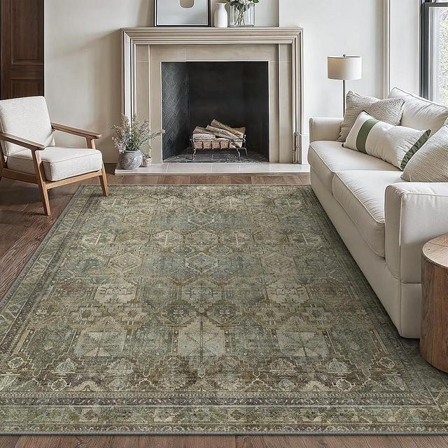 Bavni Area Rug 8x10 Machine Washable Vintage Distressed Print Ultra-Thin Chenille Bedroom Living Room Accent Rug, Low Pile Lightweight Non Slip with Gripper, Forest Moss Green