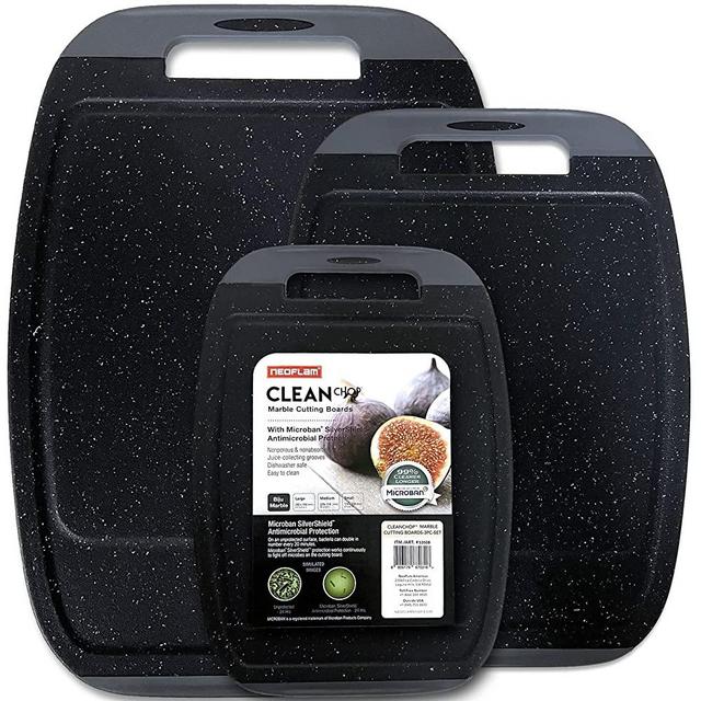 Neoflam Chopping Board Plastic Non-slip – Set of 3 Chopping Boards Microban Dishwasher Safe – Multi-Coloured Boards with Juice Groove and Handle (53508)