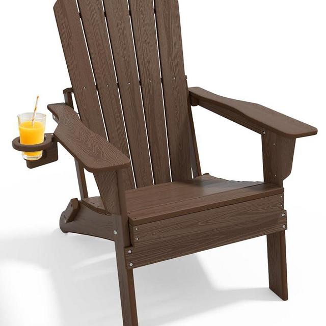Upgraded Folding Adirondack Chair with All-Weather Cup Holder-EcoVida, Premium Wood Grain Texture, HDPE Waterproof, Suitable for Fire Pit, Patio, Porch, Coffee