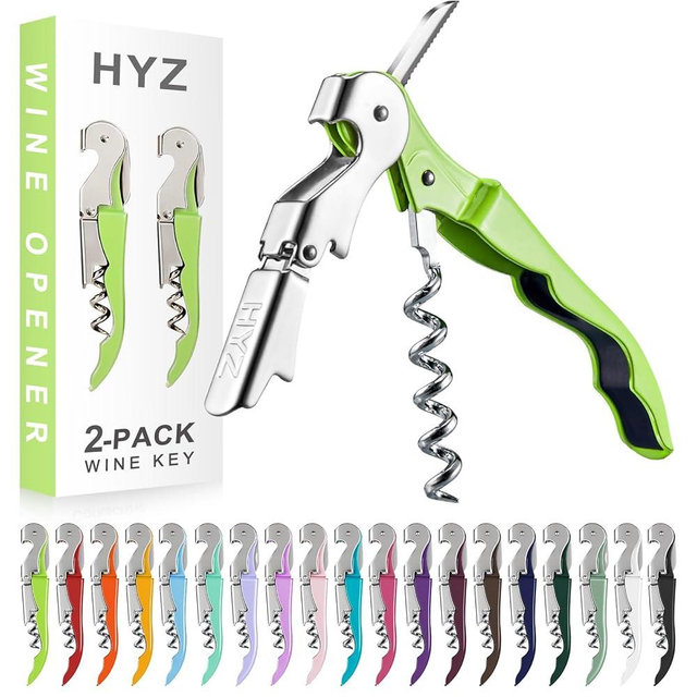 HYZ 2-Pack Wine Opener Waiter Corkscrew, Professional Wine Key for Servers, Bartender with Foil Cutter, Manual Wine Bottle Opener Double Hinged (Cyan)