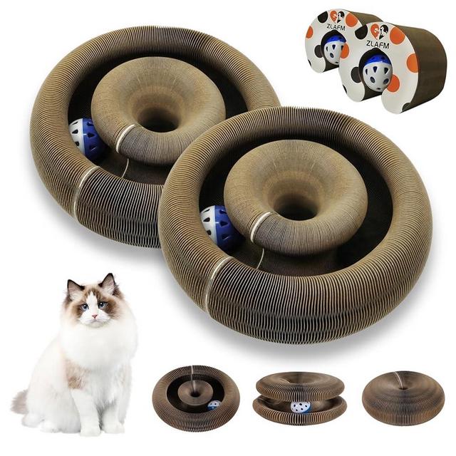 2 Pack Magic Organ Cat Scratcher Toys, Foldable & Reversible Accordion Kitty Toy with Bell Balls, Interactive Cardboard Scratching Board Scratcher Pad for Indoor Cats