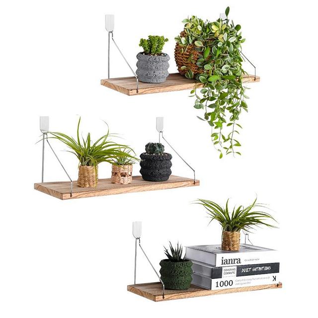 MITIME Floating Shelves Set of 3 Rustic Solid Wood Floating Shelf Wall Storage Shelves for Living Room, Bedroom, Bathroom, Kitchen Laundry, Office,no drill shelf(Light Color L+L+L)