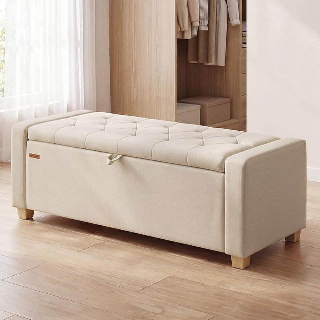 SONGMICS Storage Ottoman, Storage Chest Bench with Legs, End of Bed Bench with Safety Hinges, Pull Tab, for Living Room, Bedroom, 19.7 x 47.6 x 16.5 Inches, Linen-Look Fabric, Summer Sand ULOM511LF01