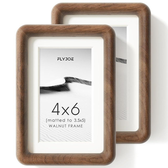 FLYJOE 4x6 Picture Frame Set of 2, Natural Solid Walnut Wood Photo Frame with Tempered Glass, Handcrafted Rounded Corner 4 x 6 Wooden Frame Matted to 3.5x5 Photo, Wall or Tabletop Display