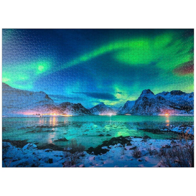 Aurora Borealis Over Sea Coast, Lights at Night. Northern Lights On Lofoten Islands, Norway - Premium 1000 Piece Jigsaw Puzzle for Adults