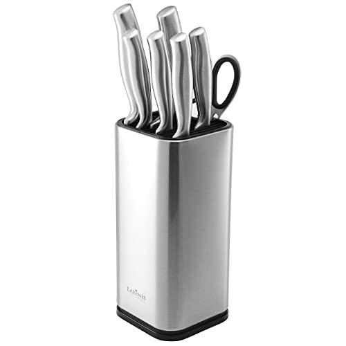 Laxinis World Universal Knife Block, Stainless-Steel Modern Rectangular Design with Scissors-Slot, Knife Holder Countertop Storage, Holds 12 8”-Blade Knives, 9.1” by 4”