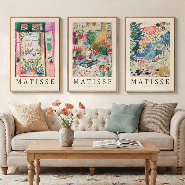 Framed Abstract Matisse Wall Art for Living room, Large 3 Pieces Colorful Landscape Canvas Artwork for Walls, Vintage Matisse Paintings Prints Pictures for Hallway Home Office, Total Size 30x60