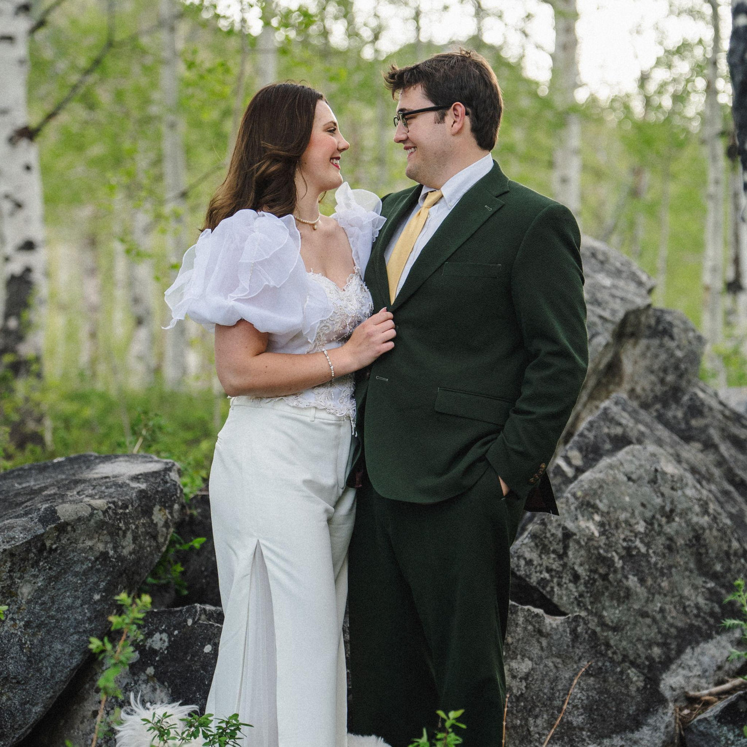 Anna fashioned a suit from her vintage dream dress ('twas too short for a modern 5'9 gal like herself) and Gavin donned his bespoke suit to run off to the mountains for their ethereal bridals