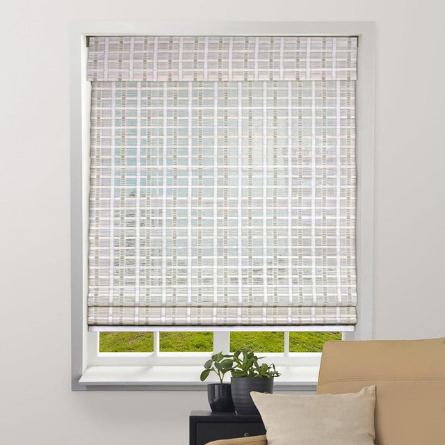 ARLO BLINDS Sheer Bamboo Roman Shades with Valance - Whitewash, 26" W x 74" H - Light Filtering Cordless Blinds for Interior Windows - Real Natural Bamboo Material - Mounting Hardware Included