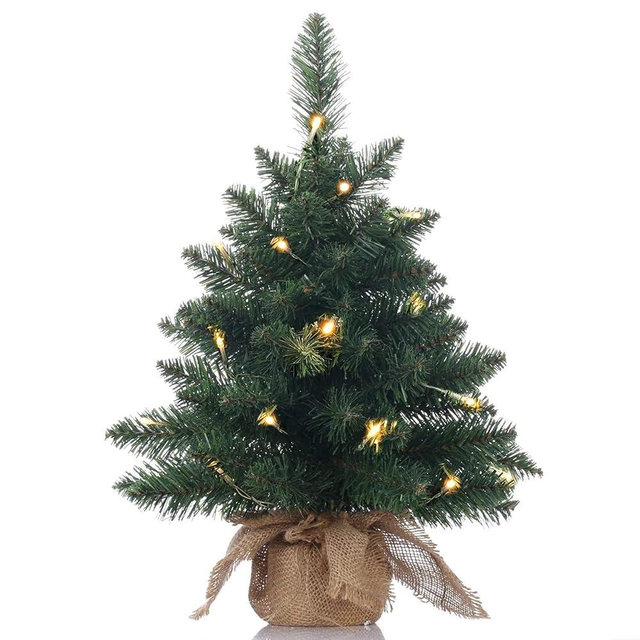 Pre-Lit Artificial Mini Christmas Tree,20 inch Miniature Pine Xmas Tree with 20 LED Lights,70 Branch Tips,Desktop Christmas Tree Burlap Base-(50cm)