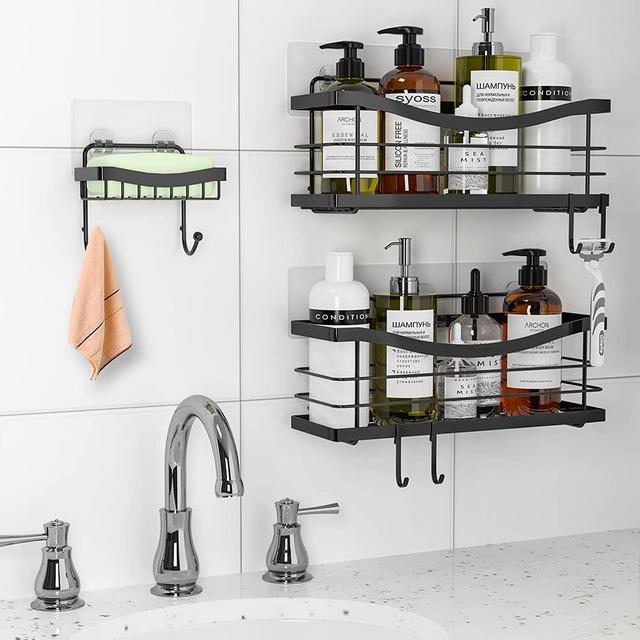 ODesign Adhesive Shower Caddy Basket Shelf with 4 Hooks for Shampoo Conditioner Sponge Razor Soap Dish Holder Kitchen Bathroom Organizer No Drilling Wall Mounted Stainless Steel Rustproof 3 Pack - Black