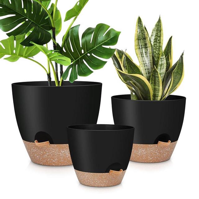 YNNICO 12" 10" 9" Large Self Watering Plant Pots, 3 Pack Flower Pots Planters with Multi Mesh Drainage Holes for Indoor Outdoor Garden Plants and Flowers (Black)