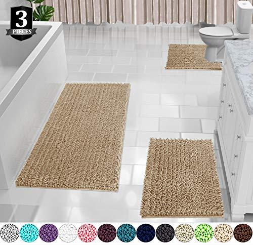 Yimobra 3 Piece Bath Mat Set, Extra Large Shaggy Chenille Bathroom Mats + Bathroom Rugs + Contour Toilet Mat, Soft and Comfortable, Water Absorbent and Thick, Non-Slip, Machine Washable, Beige