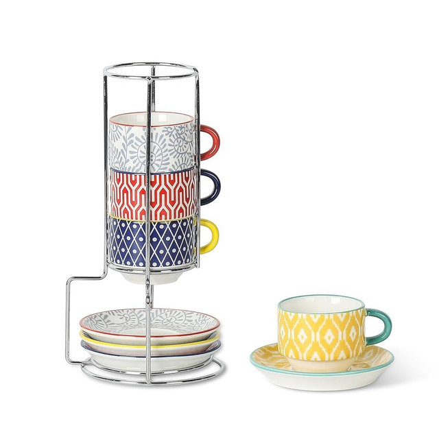 Selamica Ceramic Espresso Cups with Saucers and Metal Stand, 2.5 OZ Stackable Porcelain Cappuccino Cups, Demitasse Cups for Espresso Latte Café Mocha Tea, Gift, Set of 4, Assorted Colors
