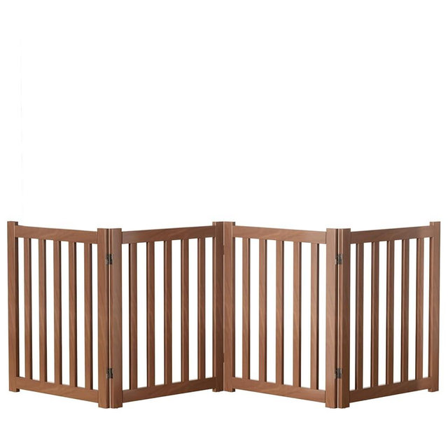 4-Panel Solid Wood Dog Gate - Freestanding Folding Pet Gate for Doorways, Stairs, Indoor, 24" Height, No Installation Needed, Walnut