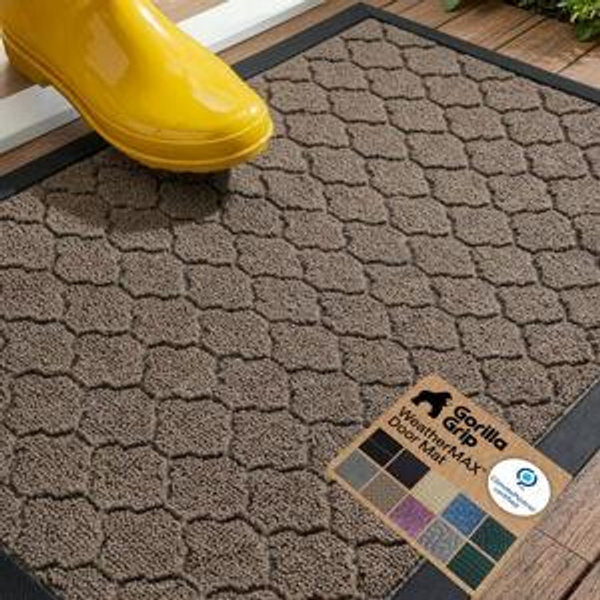 GORILLA GRIP 100% Waterproof All-Season WeatherMAX Doormat 35x23, US Designed Natural Rubber, Stain and Fade Resistant, Low Profile Indoor Outdoor Door Mats, Easy Clean Patio Mat, Latte Quatrefoil