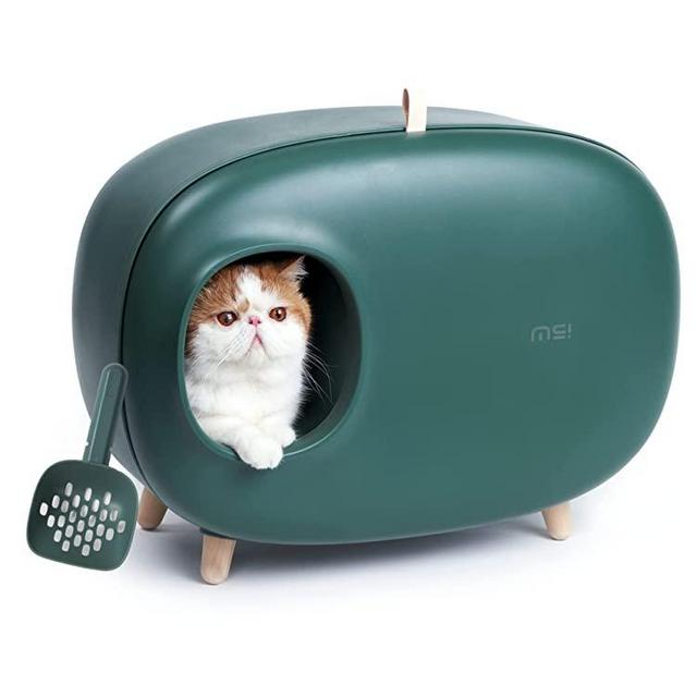 MS!MAKE SURE Cat Litter Box, Enclosed Design, Large Space Litter Box with Lid, Prevent Sand Leakage and Isolate Odors, Easy to Clean, with Cat Litter Scoop - Moss Green