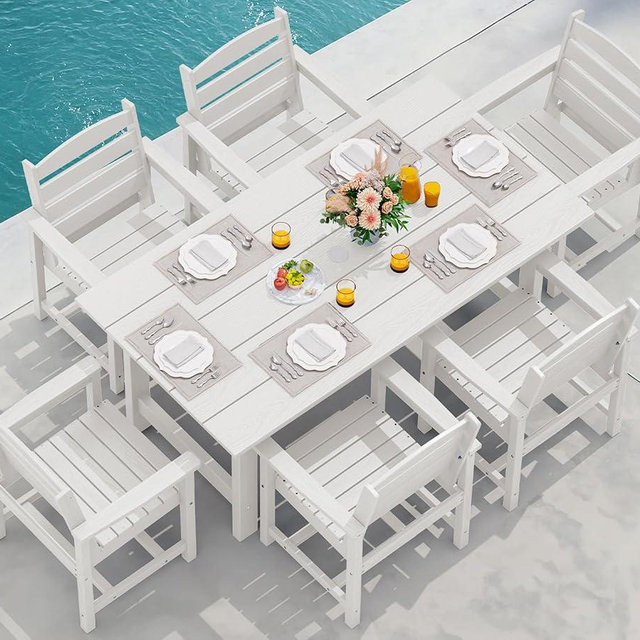 SERWALL 7-Piece Patio Dining Table Sets, Outdoor HDPE Dining Furniture Set with Umbrella Hole Cut-Out Table and 6 Chairs, White