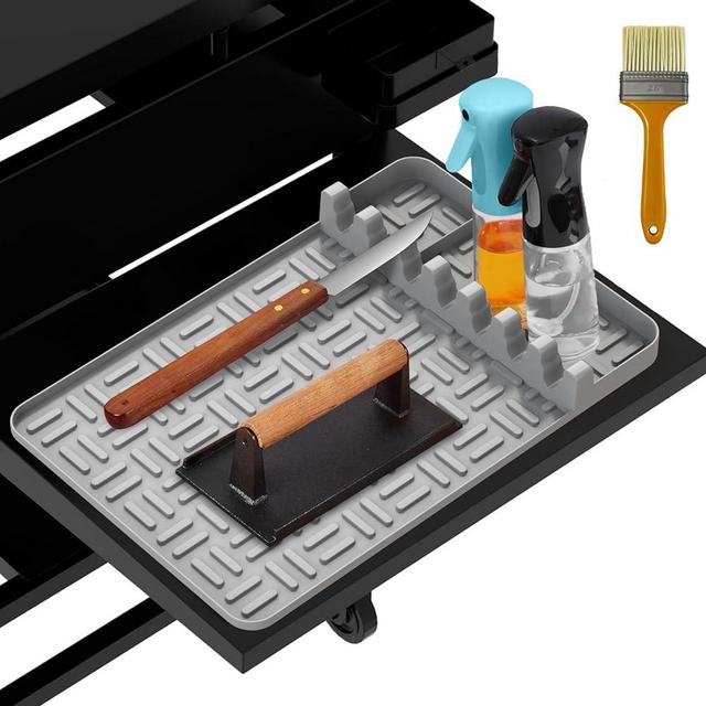 Silicone Griddle Tools Mat for Blackstone,Spatula Mat with Drip Pad,Side Shelf Mat for Blackstone Food Grade Grill Utensils Holder Griddle Accessories with Barbecue brush for BBQ Grill Tools Grey