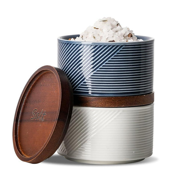 Adewnest Salt and Pepper Bowls : 10 oz Ceramic Salt Cellar with Lid - Stacked Salt Box for Countertop - Spice/Seasoning Storage Containers - Navy & White (WOODEN LID)