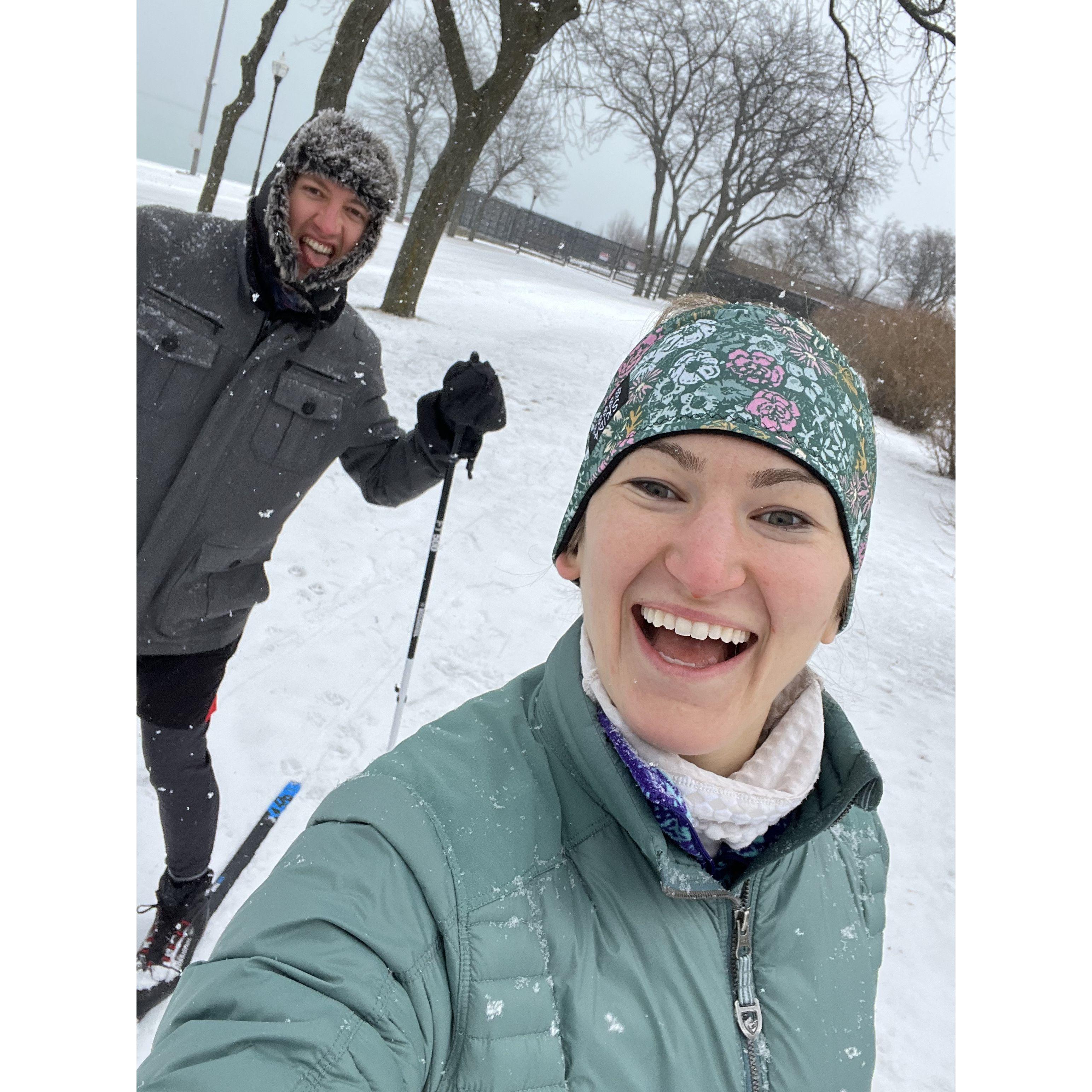 XC skiing by the lake