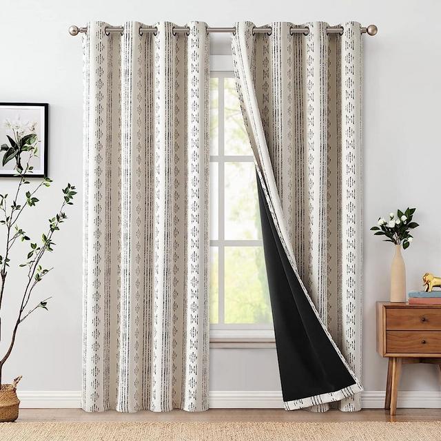 jinchan Full Blackout Boho Curtains 84 Inches Long for Bedroom Black on Beige Geometric Printed Grommet Top Room Darkening Thermal Insulated Window Drapes 2 Panels