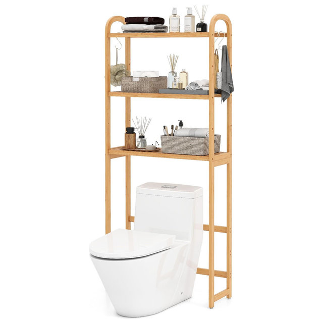 Costway Bamboo over the Toilet Storage Shelf w/3-tier Open Shelf Adjustable Shelves