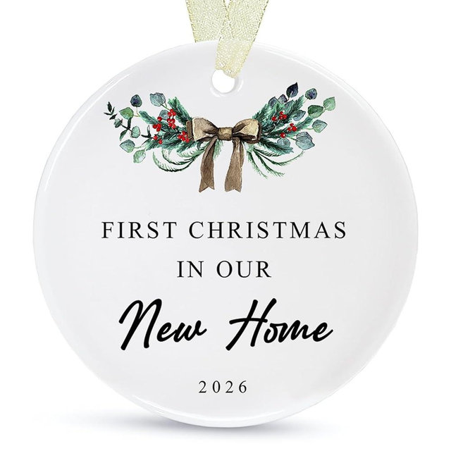 First Christmas in New Home Ornament 2026,Our First New Home Ornament New House Housewarming Round Ceramic with Gift Box&Ribbon 2.9"