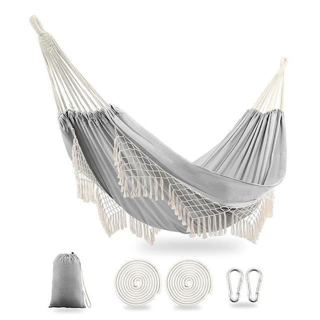 TingTingo Indoor Hammock Garden Cotton Hammocks with Tassels 2 Person Durable Swing with Travel Bag Perfect for Beach, Yard, Bedroom, Patio, Porch, Indoor, Outdoor, Wedding Decor 83" Lx 59" W Grey