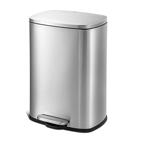 QUALIAZERO 50L/13Gal Heavy Duty Hands-Free Stainless Steel Commercial/Kitchen Step Trash Can, Fingerprint-Resistant Soft Close Lid Trashcan, 13Gal, Rectangle