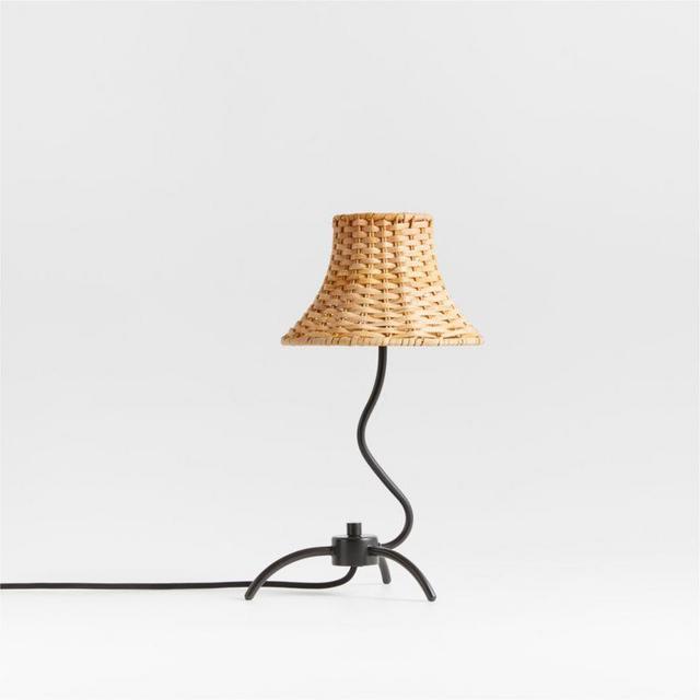 Bibelot Wavy Black Metal Mini Table Lamp with Rattan Shade by Athena Calderone