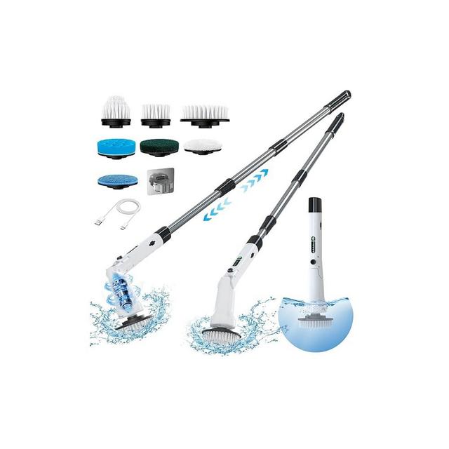 Electric Spin Scrubber, Hillyfe Power Shower Cleaning Brush with 8 Replaceable Brush Heads, IPX7 Waterproof, 2 Speeds (300/400 RPM) Electric Scrubber with Wall Mount Hook for Bathtub, Floor