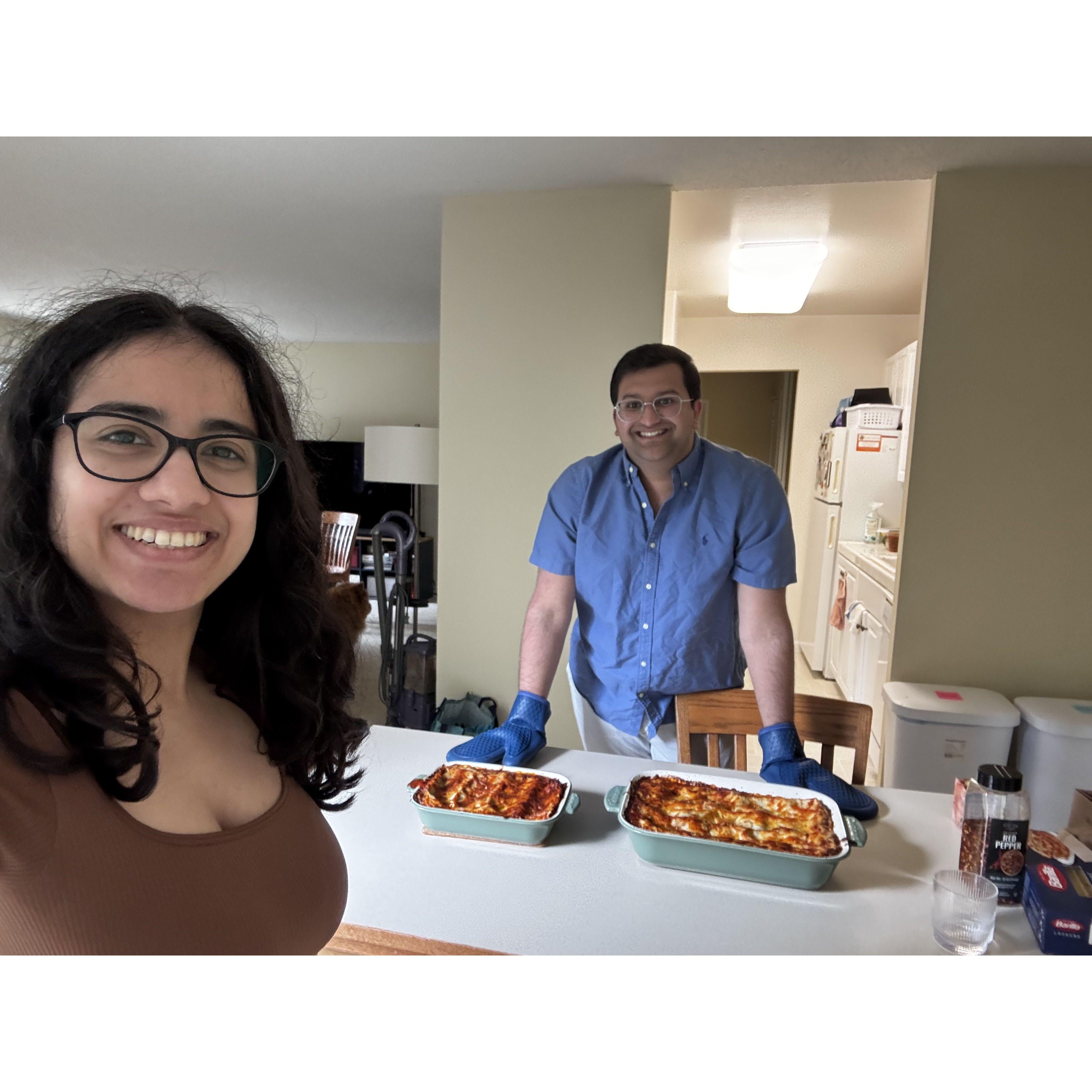 Cooking Jehan's famous lentil bolognese lasagna