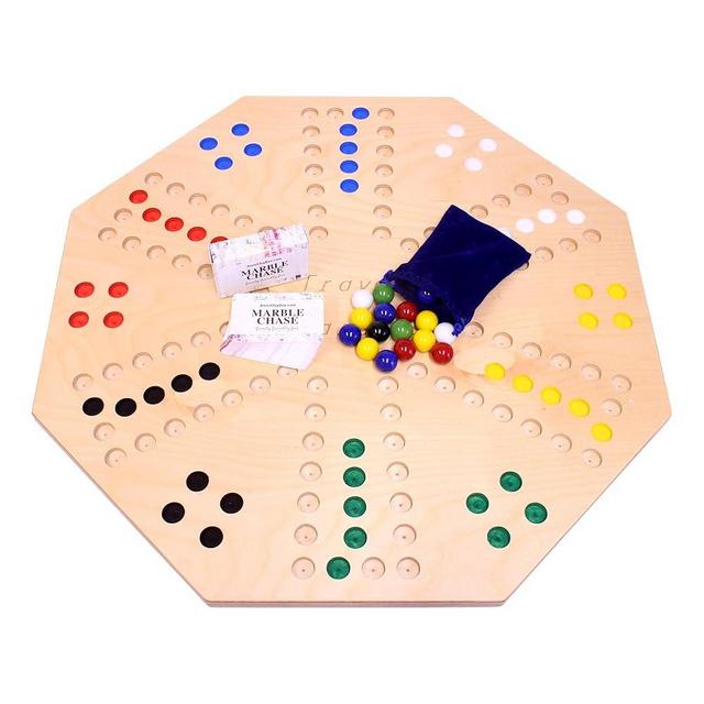 AmishToyBox.com Travel Marble Chase (Cards N' Marbles) Wooden Board Game Set - Double-Sided 23" Wide Board - Includes Carry Bag, Marbles and Playing Cards