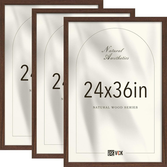 VCK 24x36 Poster Frame 3 Pack - Brown Solid Wood, Exclusive Wood Grain Picture Frames, Wall Hanging