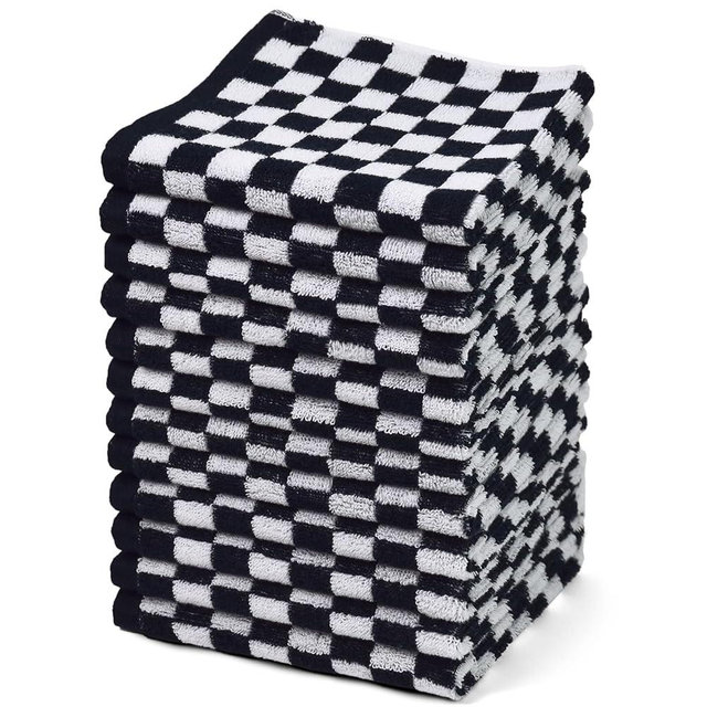 Jacquotha Washcloths 12 Pack Checkered - Wash Cloths for Showering (13"x13") in Black, Multi-Purpose Bathroom Face Cloths, Soft and Quick Dry