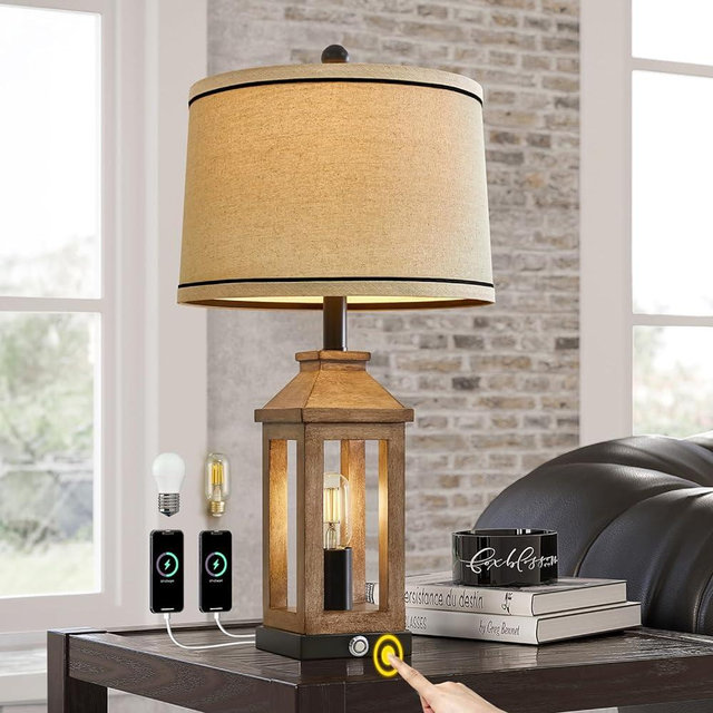 G-SAFAVA 23.75" Retro Farmhouse USB A+C Charging Ports 3-Way Dimmable Touch Control Table Lamp with Brown Nightlight Vintage Modern Lamp for Living Room Bedroom with 2 Light Sources(4 Bulbs Included)