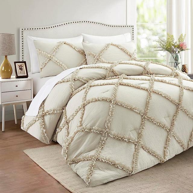 Comforter Set King Size Bedding – 3 Piece Farmhouse Bedding Set Cover Ruffle & Lightweight Comforter and Pillow Case Vintage Bedding for Bedroom as Home Bed Set Boho Chic Comforter for Luxury Comfort