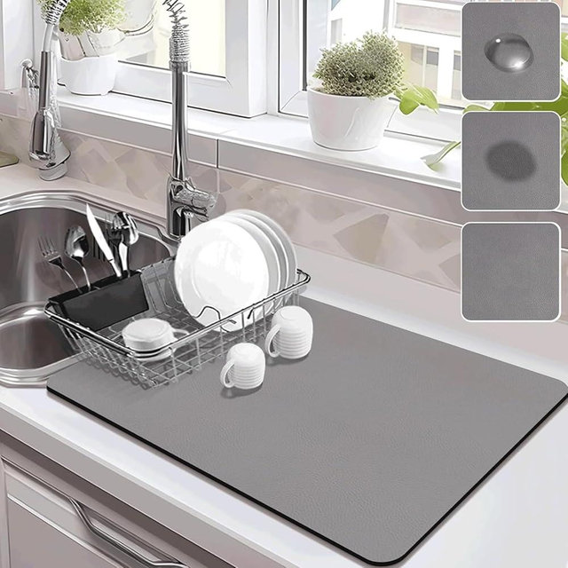 Drying Mat for Kitchen Countertops, Coffee Mat Hide Stain Rubber Backed Absorbent Dish Drying Mat (Gray, 16"x20")