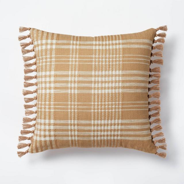 Woven Plaid Square Throw Pillow with Side Tassels Brown/Cream - Threshold™ designed with Studio McGee