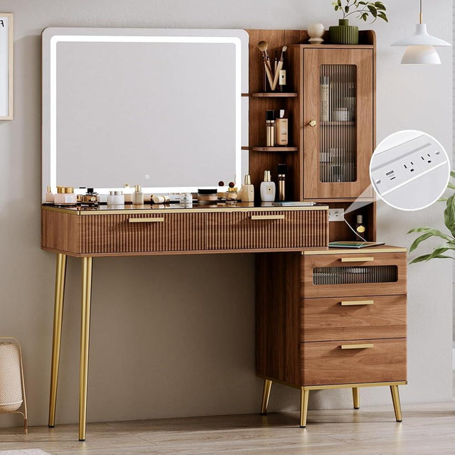 Chrangmay 47.24" Big Modern Vanity Desk with Mirror and Lights,Makeup Vanity Desk with 5 Drawers and Storage Shelves & Power Outlet,Dressing Table with Glass Top, Brown