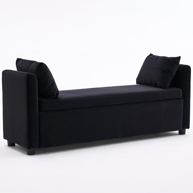 AIITTCC Velvet Storage Bench for Bedroom, 55" End of Bed Bench for King Size Bed, Modern Upholstered Long Ottoman Bench with Arms and 2 Pillows for Living Room/Entryway (Black)