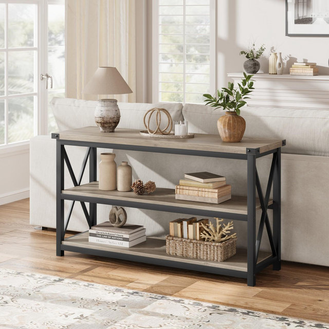Industrial Long Console Table, 47Inch 3-Tier Entryway Table with Storage Shelves, Rectangular Sofa Table for Hallway, Gray Entry Table
