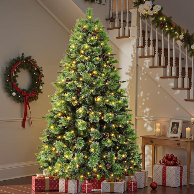 SHareconn 7.5ft Prelit Artificial Hinged Carolina Pine Christmas Tree with Remote Control, Upgraded Version with Pre-Lit 470 Warm White&Multi-Color Lights, Pine Cones,Perfect for Xmas Decoration,7.5FT