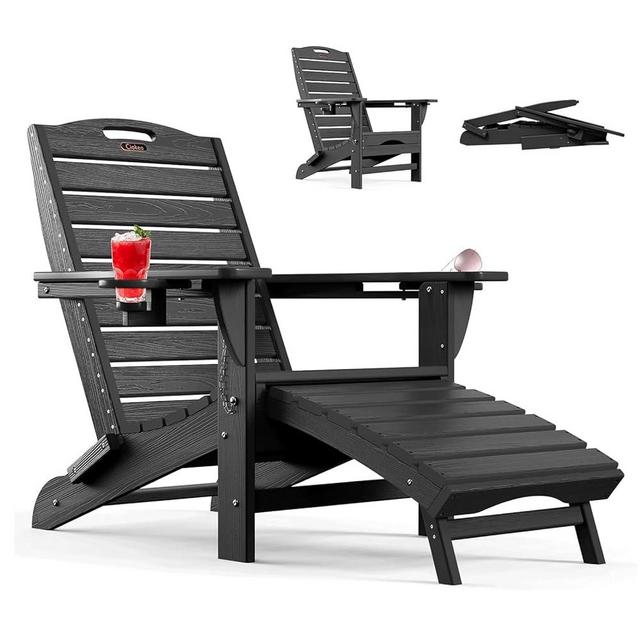 Ciokea Folding Adirondack Chair with Retractable Ottoman Fire Pit Patio Chair with Pull Out Foot Rest Weather Resistant Lawn Outdoor Lounge Chair with 2 Cup Holder (Black)
