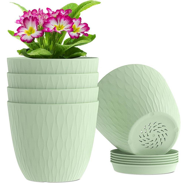 WSMKSZ 6 inch Plant Pots, 5 Pack Flower Pots with Drainage Holes and Saucers for Indoor Plants, Plastic Planters with Water Ripple for Small Garden House Plants, Nursery Pots for Succulent, Green