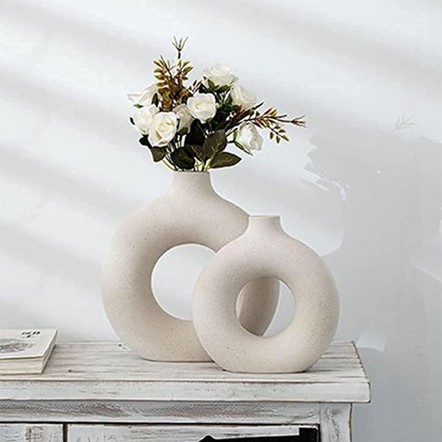 Ceramic Vase Circular Hollow Flower Vase Round Vases Decorative Vase for Home Decor,Set of 2(vase only)