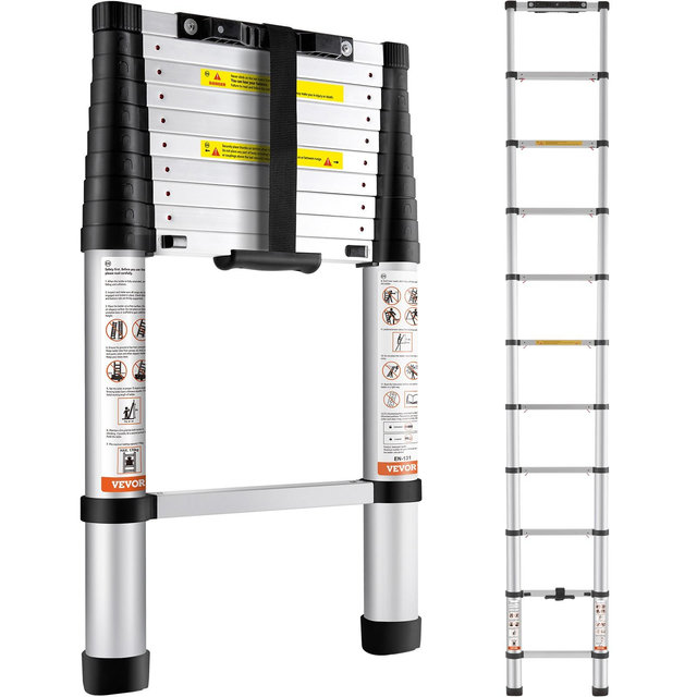 VEVOR Telescoping Ladder, 10.5 FT Aluminum One-button Retraction Collapsible Extension Ladder, 375 LBS Capacity with Non-slip Feet