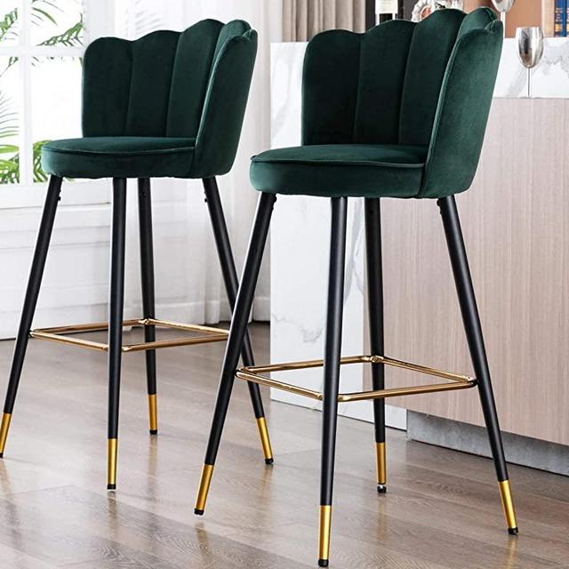 Set of 2 Velvet 30 Inch Bar Stools with Back, Mid Century Dark Green Pub Height Tall Barstools Modern, Dark Green